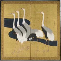 クレーンを描いた2パネルの屏風（インク、色、紙の上の金）